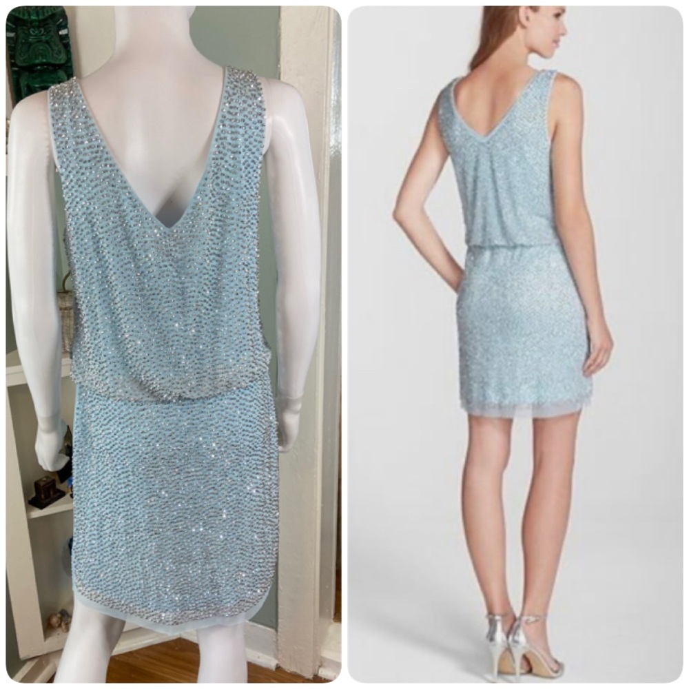 Xscape Light Blue Silver Metallic Beaded Cocktail Mini Dress Draped Size 10 - Picture 2 of 15